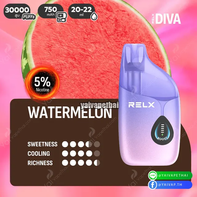 RELX Diva 30K Nic 3% และ 5% พอตใช้แล้วทิ้ง 30,000 คำ กลิ่นชัด สูบได้นาน คุ้มค่า รูปที่ 2